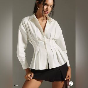 Exquise | Tobie Pleated Waist Button-Down Blouse Shirt White | Sz Large